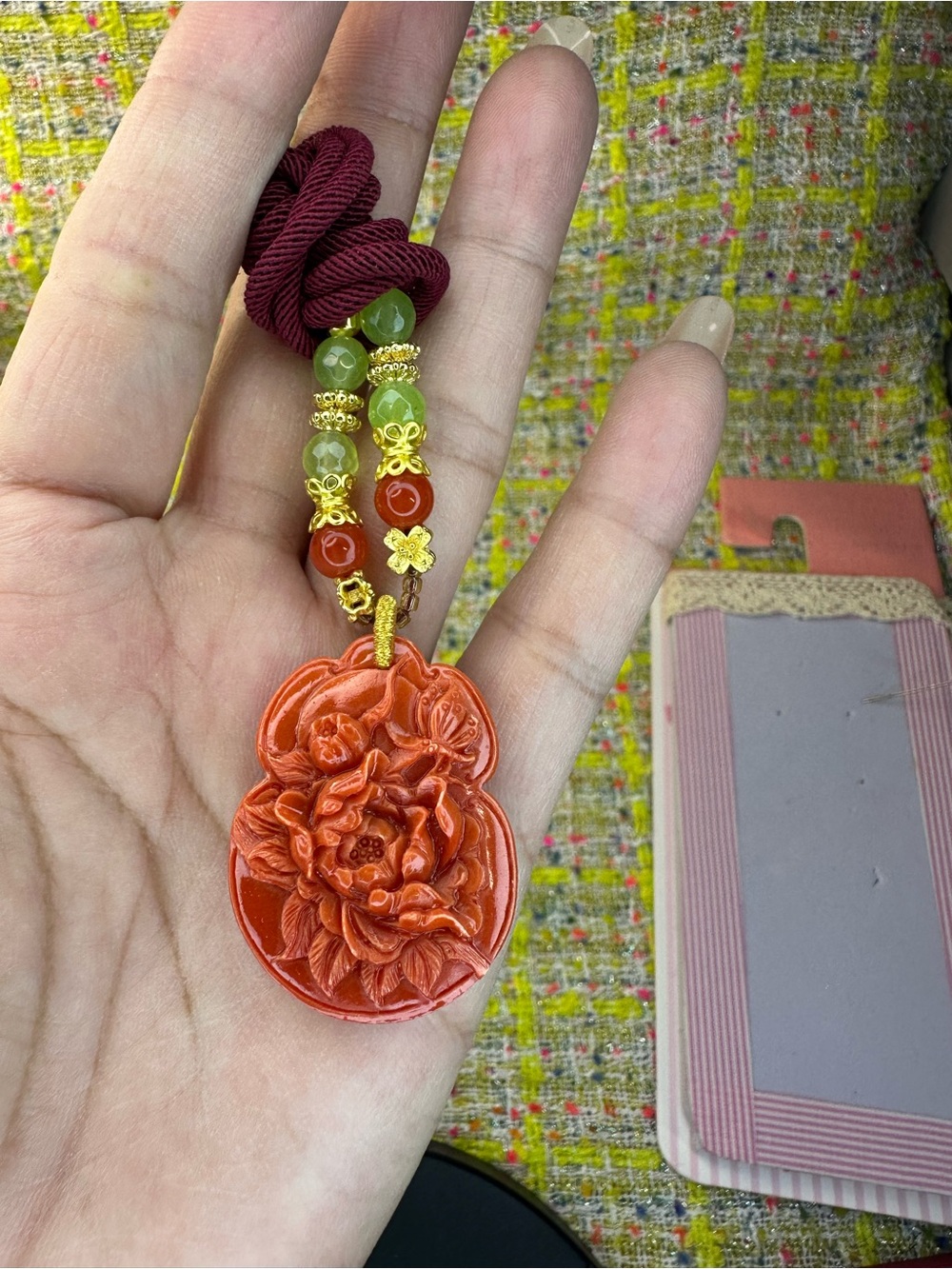 Red three lady Jade Carved Floral Pendant Necklace with Green Bead Accents